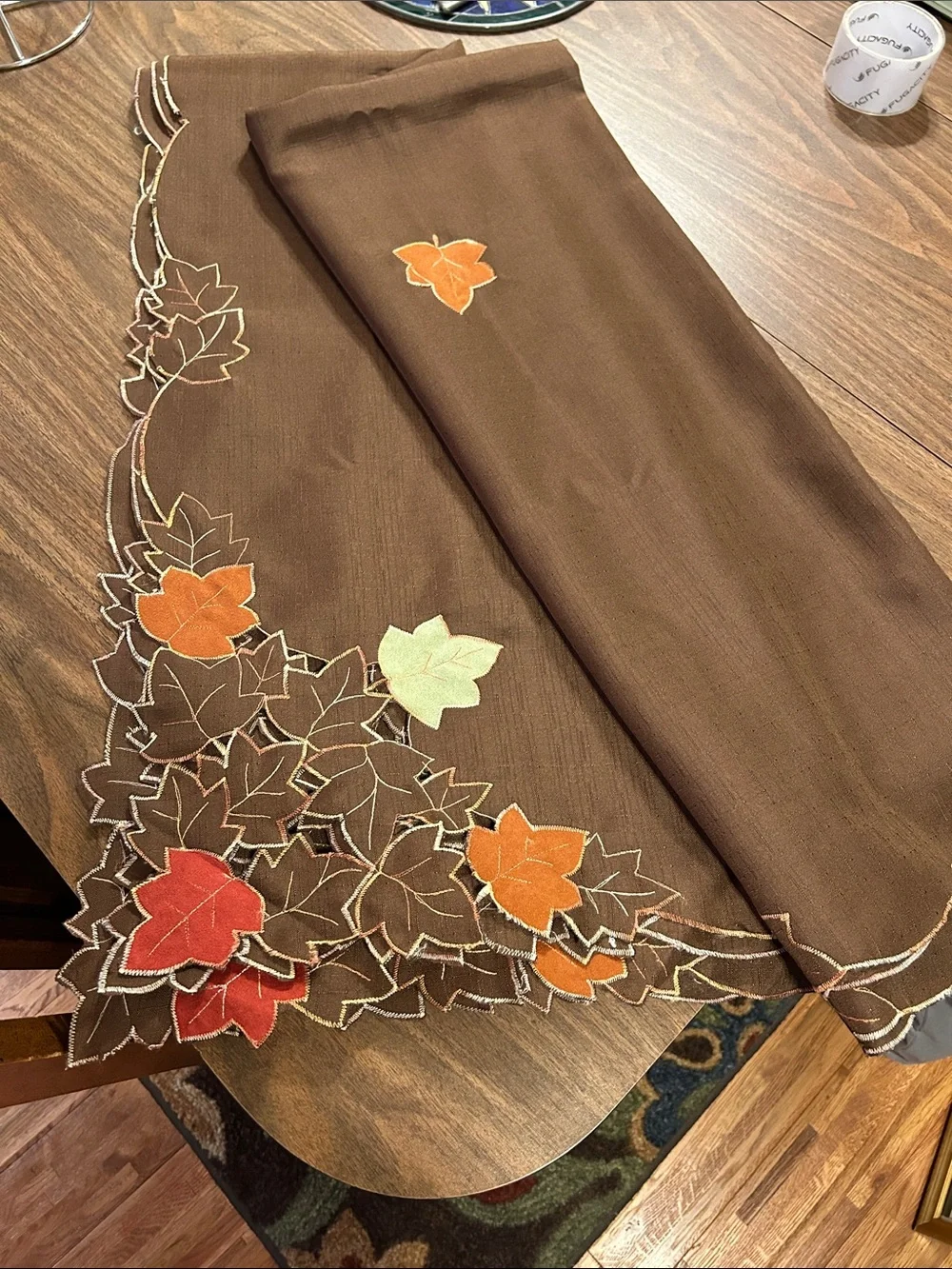 Autumn Leaf Embroidered Brown Table Cloth - Fall Leaf Accents
